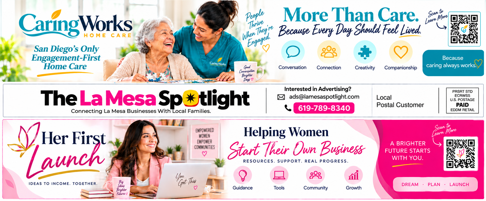 Back side of The La Mesa Spotlight 9x12 postcard showing two larger fictional local business ads and the center branding with contact information