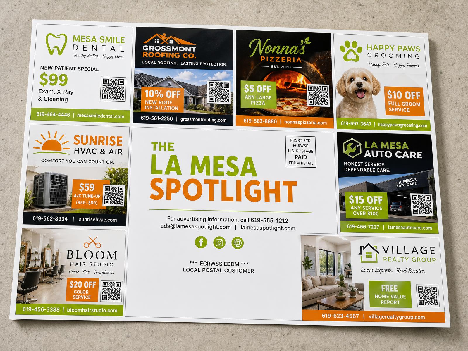 Front side of the shared La Mesa postcard with eight fictional local business ads, each with a QR code