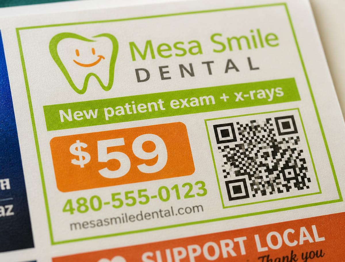 Close-up of a single printed ad slot with a logo, offer and QR code on the shared La Mesa postcard